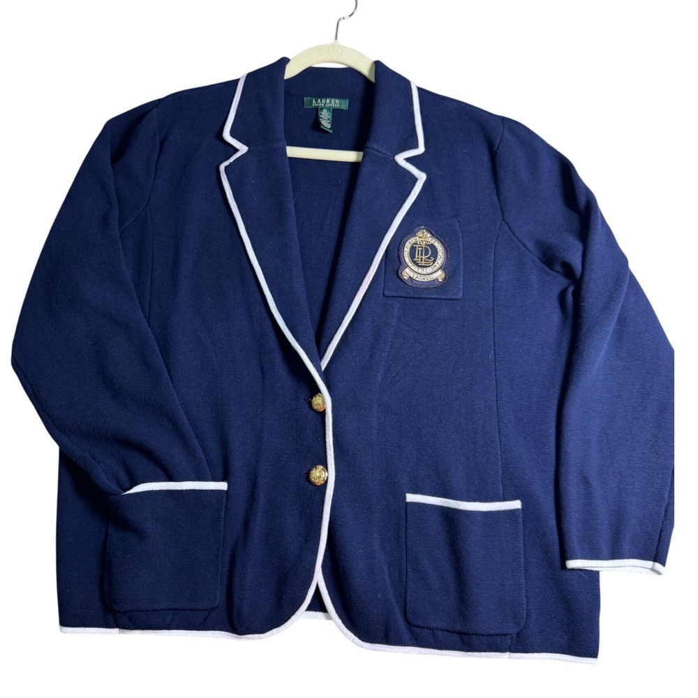Lauren Ralph Lauren Blazer Womens 3X Navy Cotton Knit Crest Gold Button Preppy